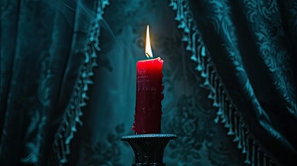 Single red candle burning on a Gothic candelabrum, against a backdrop of dark drapes