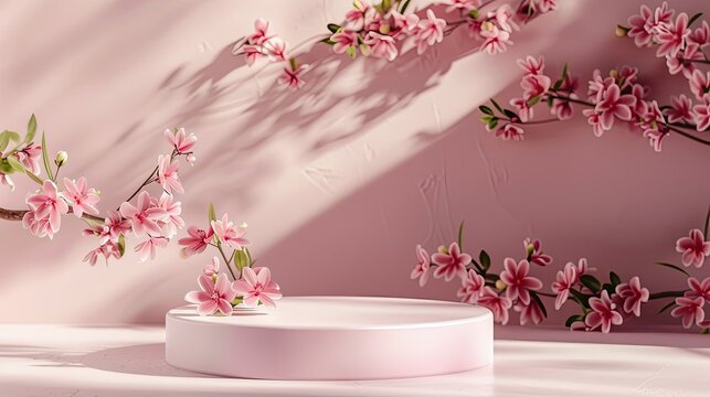 Spring-inspired podium with pink floral decorations, perfect for showcasing products on a table