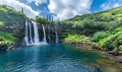 Fototapeta premium Majestic Waterfall Cascading in Lush Hawaiian Forest