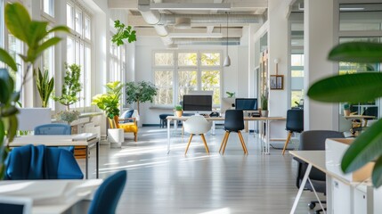 A bright, open-plan office with white and blue interior design, promoting productivity.