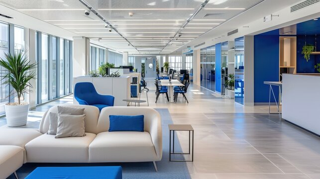 A bright, open-plan office with white and blue interior design, promoting productivity.