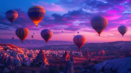 Obraz premium Hot Air Balloons Soaring Over Cappadocia at Sunset