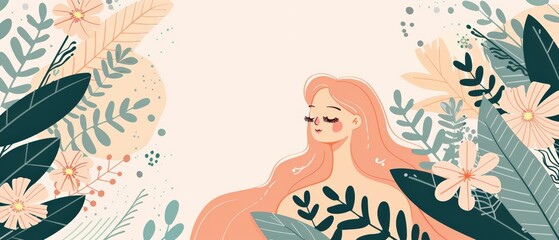 Illustration of a serene woman with flowing hair surrounded by lush, colorful leaves and flowers on a light background.