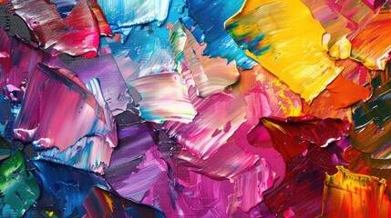 Colorful abstract oil painting with vibrant brush and palette knife textures on canvas. Macro close-up of the multi-colored acrylic background. Modern art wallpaper concept. Horizontal fragment.