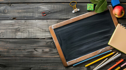 Chalkboard and school supplies on rustic wooden table. Back to school concept
