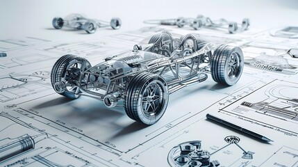 Blueprint of a Racing Car with Detailed Engineering Drawings, Automotive Design
