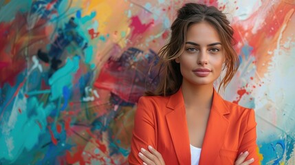 Confident Woman in Bright Orange Blazer Standing Against Colorful Abstract Background