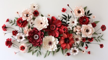 Paper Blooms, Intricate red and white paper flowers on a white background, Artistic Floral Arrangement