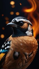 A jay in clothes made of fire and gold. surrounded by the fiery sun and stars