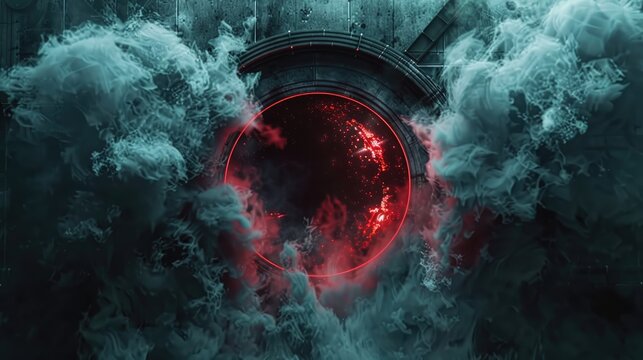 Dark smoke billows outward from a circular void, accented by ominous red glows that lend an air of menace and intrigue to the scene, setting the stage for a spooky Halloween backdrop.