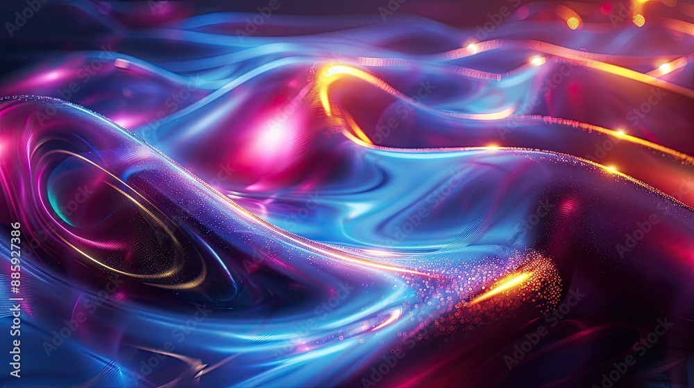 Wall mural Abstract liquid glass holographic iridescent neon curved wave in motion dark background