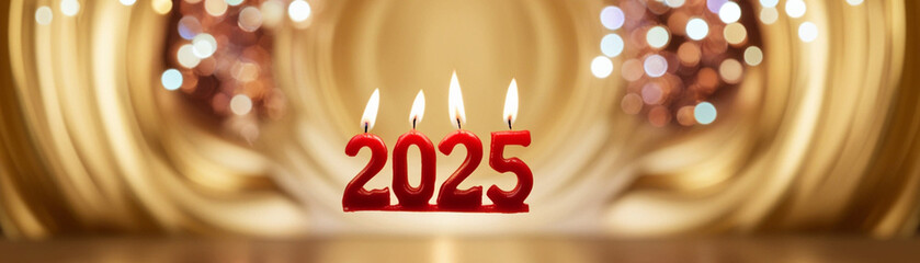 Red Color burning candles in form of letters 2025 over festive blurred bokeh golden background. Happy New Year banner