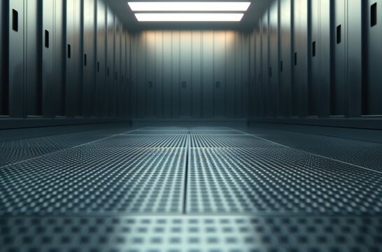 Interior of a modern data center with rows of server racks, illuminated by overhead lights and featuring a perforated floor.