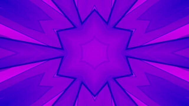 Imploding star shaped purple blue kaleidoscope, continuously looping in smooth motion and converging with sleek sharp pointed triangle edges blending together at the center middle.