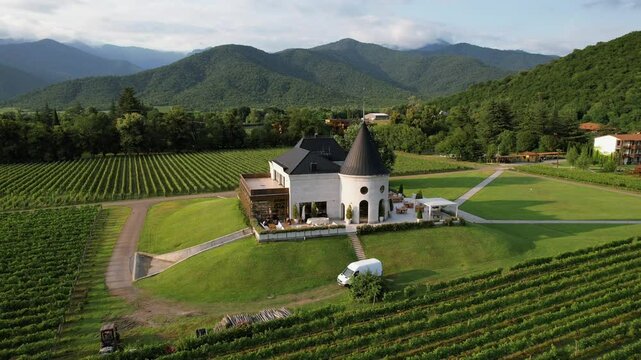 Top view of Chateau Buera Winery and Vineyards, nestled in the lush green mountains near Lopota Lake in Georgia's Kakheti region.