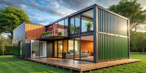 Modern container house with minimalist design and sustainable reuse of shipping containers, sustainable
