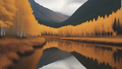 Fototapeta premium orange autumn trees and leaves along the river sunny autumn natural background landscape
