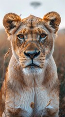 Obraz premium Majestic close-up of a lioness in the wild, highlighting her intense eyes and natural habitat during sunset