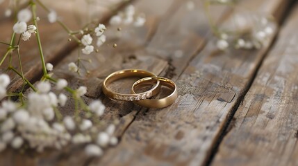 Lovely gold wedding bands as a pair on an espresso colored wooden surface
