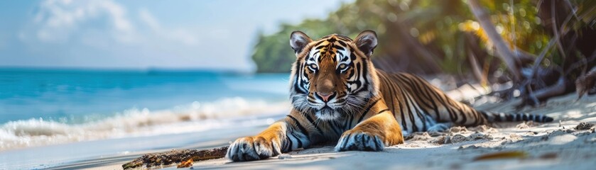 Majestic tiger lying on a tropical beach with lush greenery and blue ocean in the background, perfect wildlife and nature photography.