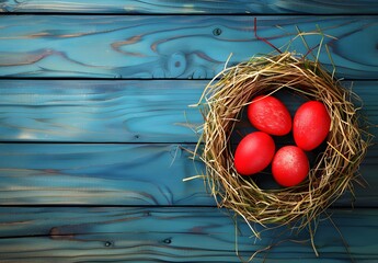 Fototapeta premium Red Easter Eggs Nestled in Hay on Blue Wood