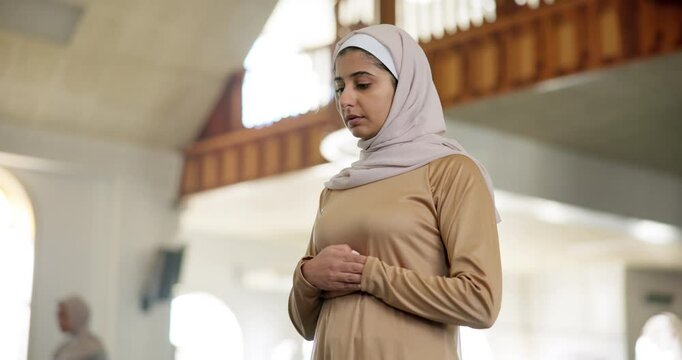 Woman, muslim and praying in mosque with hijab for gratitude, peace and worship during eid mubarak. Female person, islam and dua in Saudi Arabia with fasting for religion, spiritual or faith in Allah