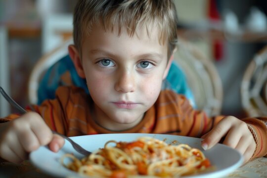 Young boy sitting at a table and holding a fork makes an unhappy face while preparing to eat a plate of spaghetti