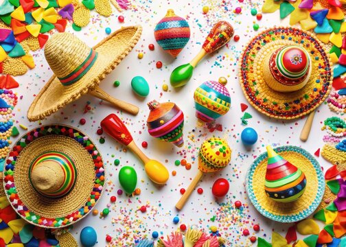 Vibrant sombreros, maracas, and pi&ntilde;atas amidst confetti and bold geometric shapes create a lively, whimsical celebration of Mexican heritage on a bright white background.