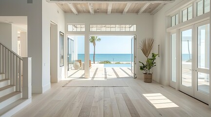 Fototapeta premium Elegant Coastal Entryway with Light Wood Flooring, Large Ocean-View Windows, and a Stylish Console Table: Creating a Warm and Inviting Atmosphere for a Welcoming Home Entrance