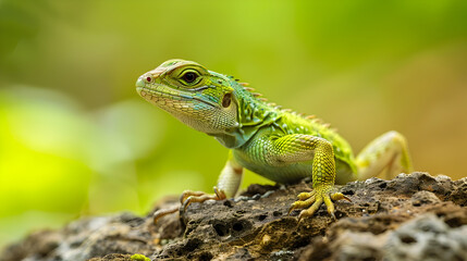Fototapeta premium Young Green Lizard Taking First Steps on Natural Background