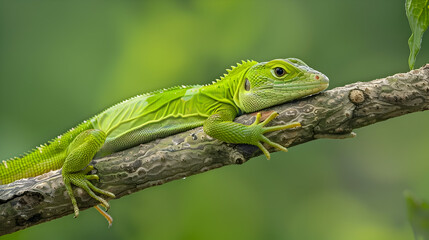 Fototapeta premium Youthful Green Lizard Rests on Natural Branch with Exceptional Detail
