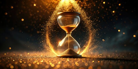 Timeless hourglass stands alone on inky black background, radiant golden sand flowing mesmerizingly, sprinkled with tiny sparks, radiating an otherworldly ethereal glow.