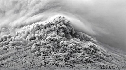 A close-up view of a dust cloud in black and white smoke