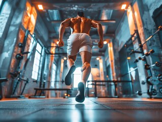 Obraz premium Man running in a dimly lit gym with strength and determination, showcasing fitness, health, and muscle development.