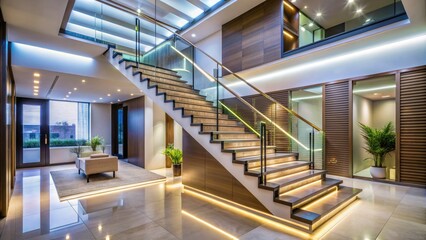 Modern interior space with sleek LED lighting system, illuminating a staircase and promoting energy efficiency, sustainability, and ambiance in a commercial or residential setting.