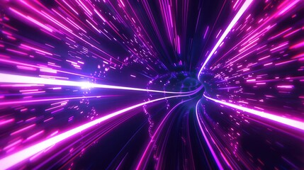 Obraz premium Dynamic abstract neon background featuring a space tunnel turning to the left, with vibrant ultra violet rays and glowing lines, 