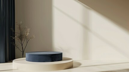 Abstract cream room with a striking dark blue podium