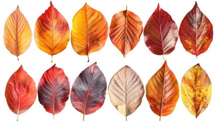 Obraz premium Autumn leaf textures in shades of red, orange, and yellow on a transparent background