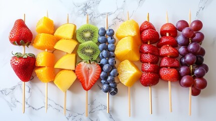 Bright and colorful fruit skewers featuring kiwi, grapes, strawberries, blueberries, and more on a marble surface.