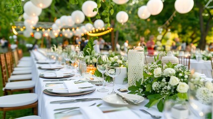 Fototapeta premium Outdoor catering dinner at the wedding with modern garnishes decoration