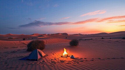 Camping in the desert with a campfire and tents surrounded by dunes