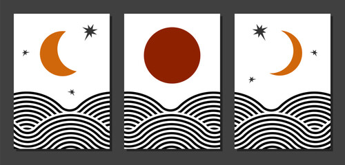 3 A1 crescent and sunset sun above stormy sea abstract modern poster, wallpaper or wall print decoration, boho sun and moon minimalist mid century retro art