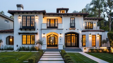 Fototapeta premium Charming Spanish style residence with a white facade, black accents, and dark brown highlights