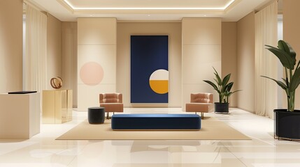 Contemporary cream room with a bold dark blue podium