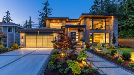 Fototapeta premium Contemporary home exterior with elegant lighting and a landscaped garden at dusk