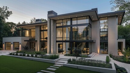 Fototapeta premium Contemporary luxury villa exterior featuring large windows and stylish landscaping