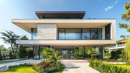 Fototapeta premium Front view of a modern luxury villa with a minimalist design and lush garden