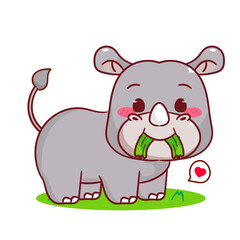 Cute Rhino Eating Grass Cartoon Vector Illustration. Adorable Kawaii Animal Character Icon Mascot Concept Design. Isolated White Background.