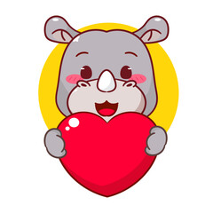 Cute Rhino Holding Big Love Heart Cartoon Vector Illustration. Adorable Kawaii Animal Character Icon Mascot Concept Design. Isolated White Background.