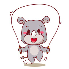 Cute Rhino Playing Jump Rope Cartoon Vector Illustration. Adorable Kawaii Animal Character Icon Mascot Concept Design. Isolated White Background.